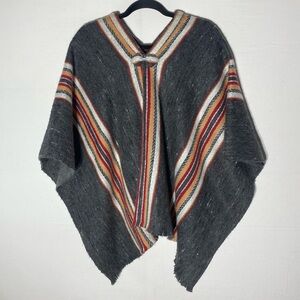 Vintage Grey Red Orange White Striped Blanket Poncho Sweater L Festival Retro